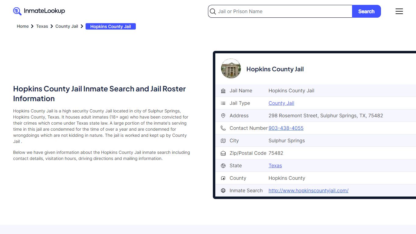 Hopkins County Jail Inmate Search and Jail Roster Information